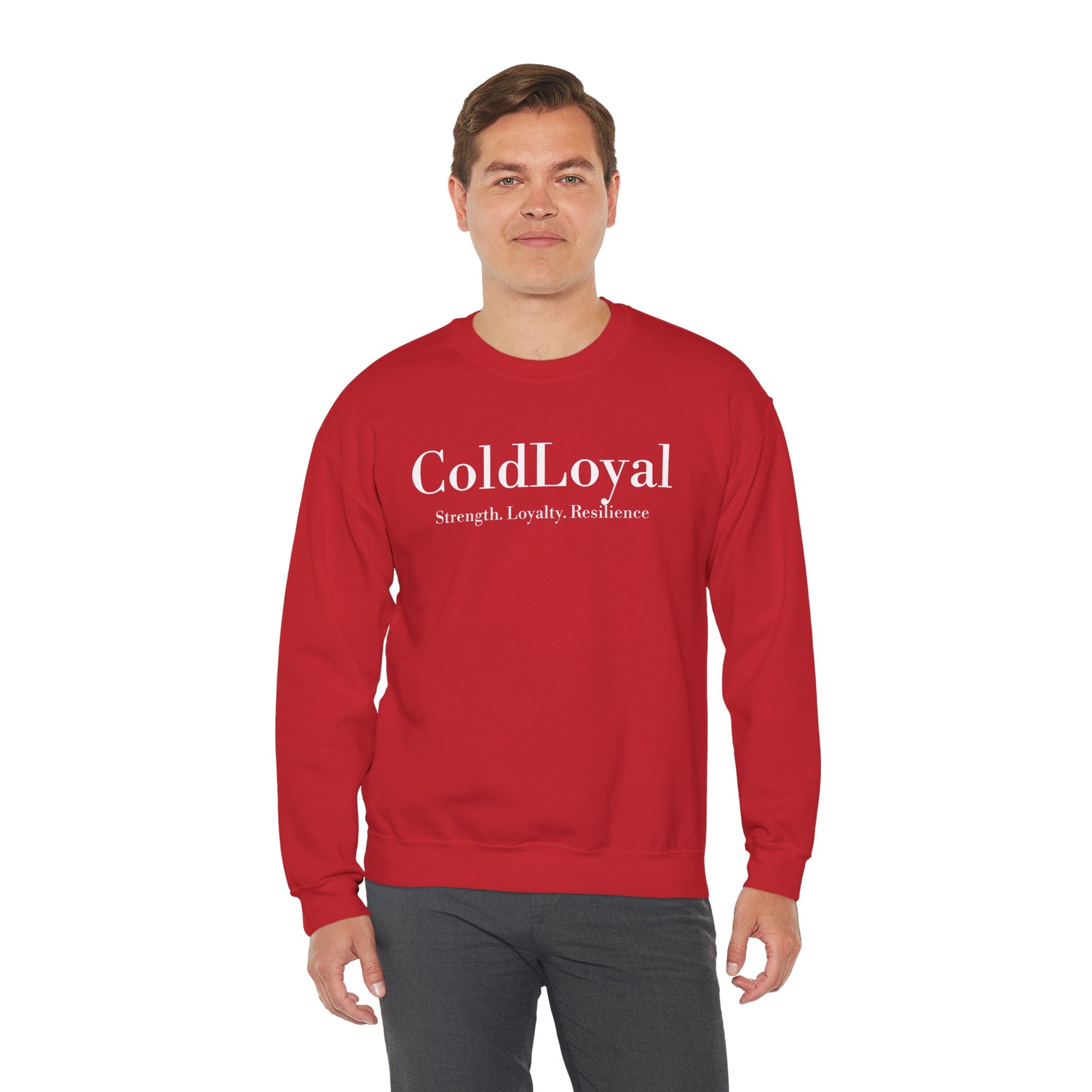 Bold Red Crewneck Sweatshirt - ColdLoyal Strength & Resilience, Unisex Sweatshirt, Cozy Gift, Casual Wear, Inspirational Apparel