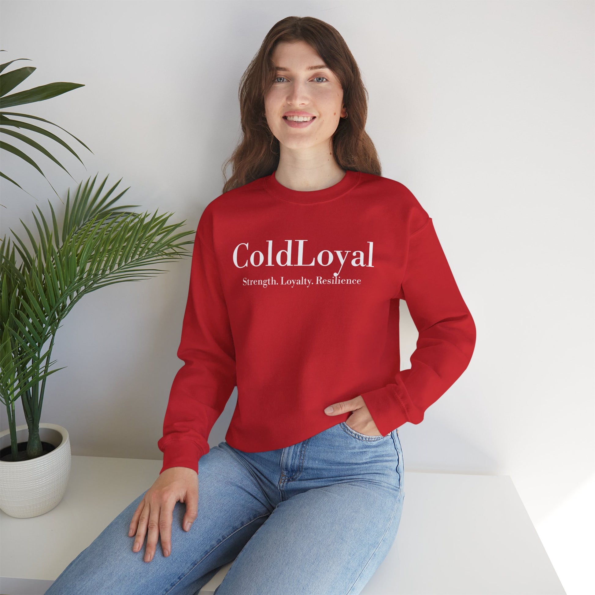 Bold Red Crewneck Sweatshirt - ColdLoyal Strength & Resilience, Unisex Sweatshirt, Cozy Gift, Casual Wear, Inspirational Apparel