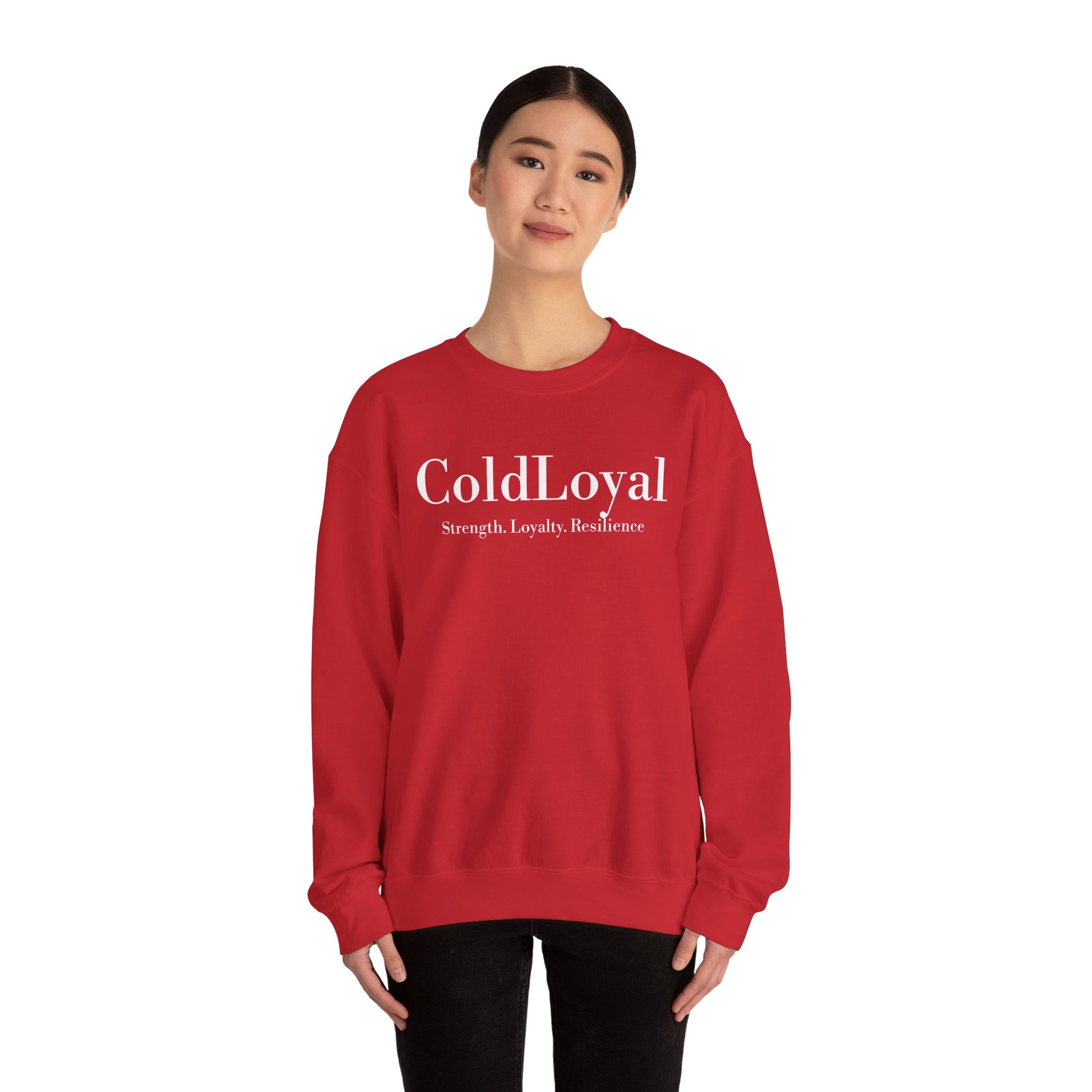 Bold Red Crewneck Sweatshirt - ColdLoyal Strength & Resilience, Unisex Sweatshirt, Cozy Gift, Casual Wear, Inspirational Apparel